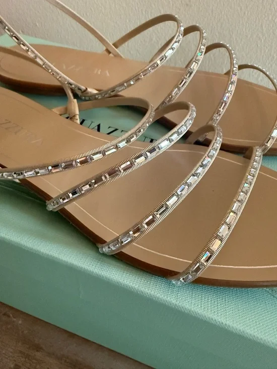 Aquazzura Tan Crystal-Strap Square Toe Flat Sandals - Picture 8 of 10